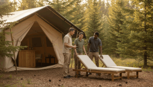 Three outdoor hospitality workers in uniform collaborate near canvas tents and lounge chairs at a forested glamping site, with early morning sunlight and a blurred woodland background.
