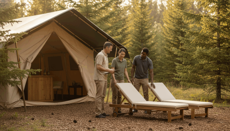 Three outdoor hospitality workers in uniform collaborate near canvas tents and lounge chairs at a forested glamping site, with early morning sunlight and a blurred woodland background.