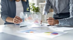 Two park professionals review printed charts and a padlock icon in a bright, modern office, discussing guest data compliance metrics at a tidy desk.
