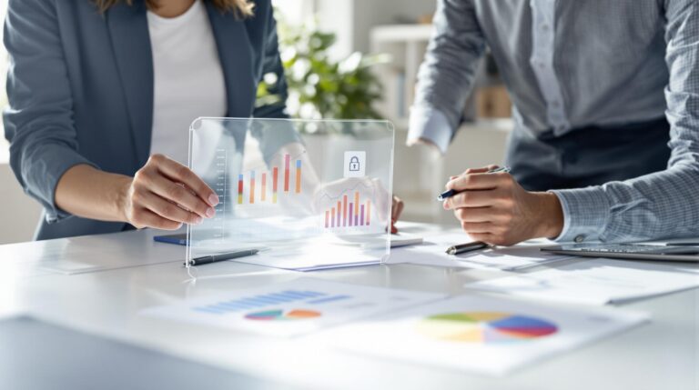 Two park professionals review printed charts and a padlock icon in a bright, modern office, discussing guest data compliance metrics at a tidy desk.