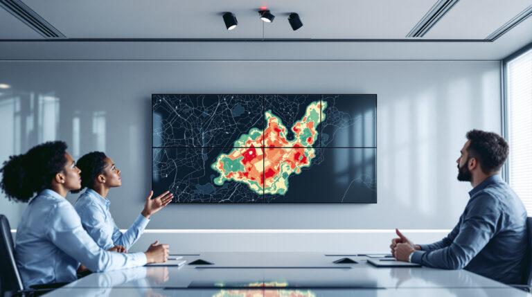 Three data analysts review a colorful heat map on large screens in a modern, unbranded control room, with a softly blurred background and neutral office decor.