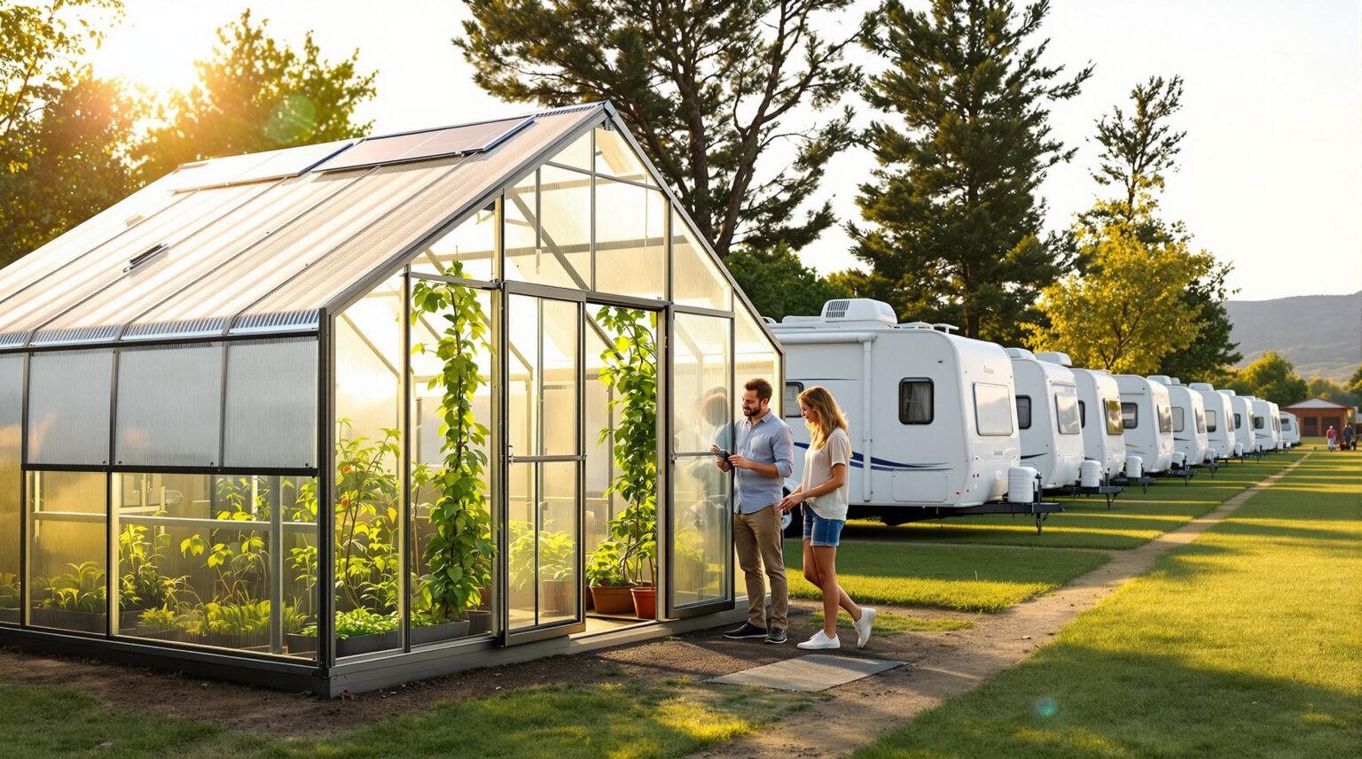 Two campers examining plants in a passive solar greenhouse beside white RVs with solar panels, set in a generic, sunlit park with trees and distant hills.