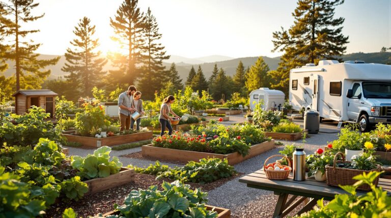 Permaculture garden with raised beds, camper vans, and people harvesting vegetables at a campground under golden sunlight
