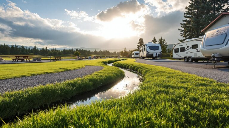 A modern campground with two RVs parked beside a grass-covered permeable swale channeling rainwater, surrounded by gravel pads, picnic tables, and wet ground under a clearing sky.