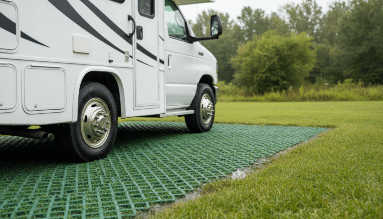 A white Class C RV parked on a green permeable turf-reinforced pad with visible plastic grid pavers, small rain puddles draining nearby, and a soft, blurred background of generic shrubs and trees.