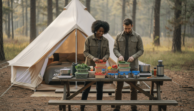 Two campers unpacking personalized glamping meal kits at a wooden table outside a canvas tent in a forest clearing, surrounded by fresh ingredients and camping gear in soft morning light.