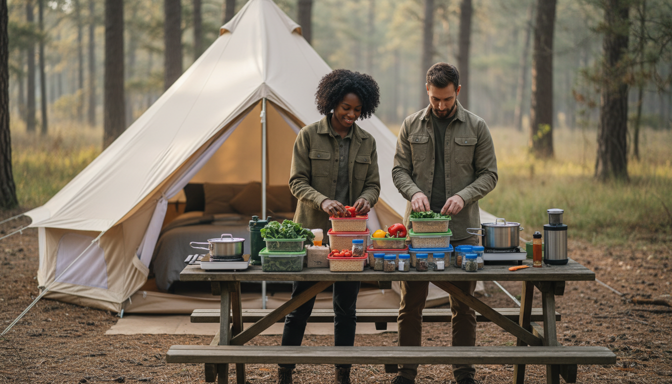 Two campers unpacking personalized glamping meal kits at a wooden table outside a canvas tent in a forest clearing, surrounded by fresh ingredients and camping gear in soft morning light.