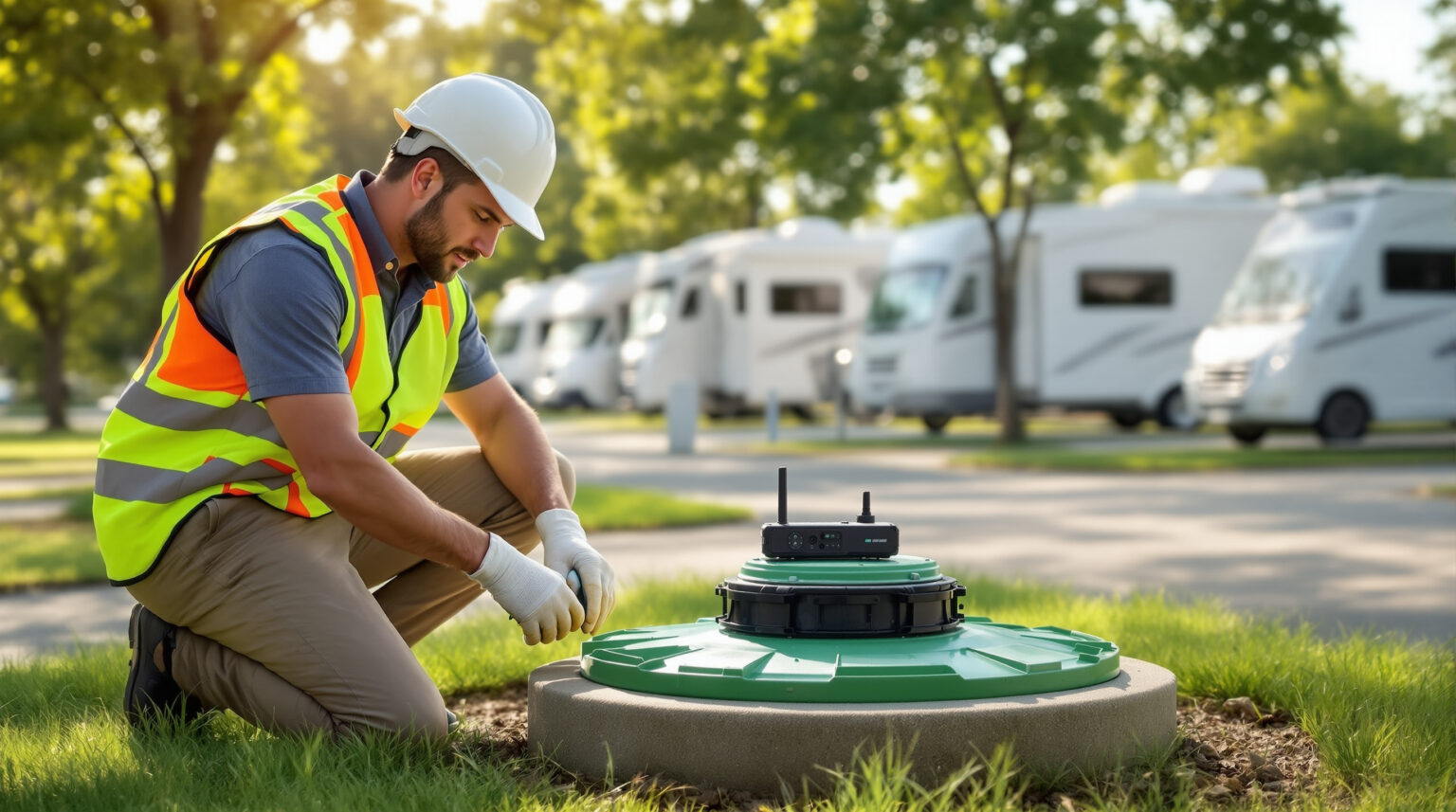 Maintenance worker in safety vest checks septic sensor near RVs at a generic, clean RV park with trees in the background