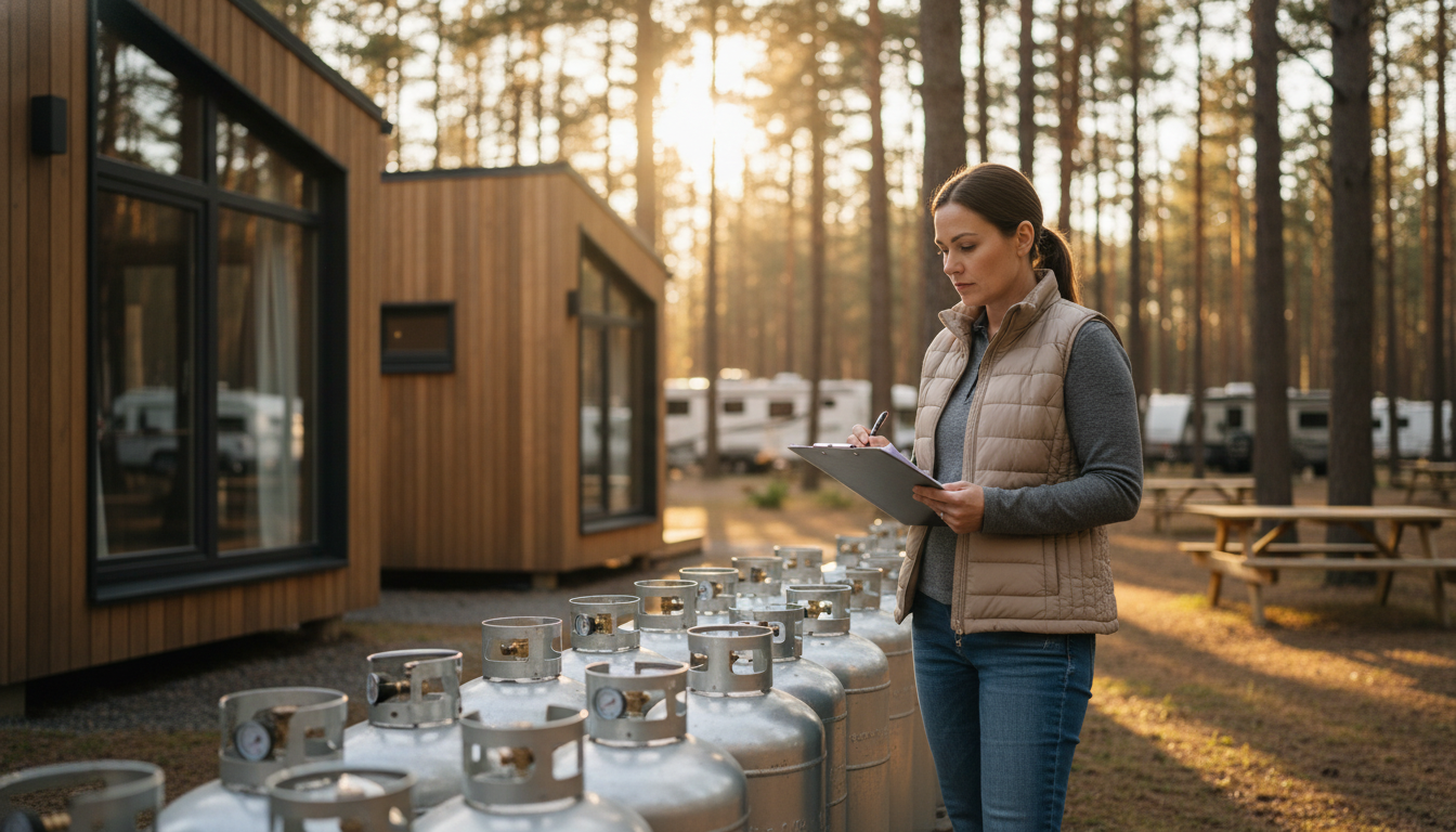 Energy analyst with clipboard inspects propane tanks near generic wooden cabins at a forested campground under warm afternoon sunlight