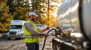 Propane delivery technician in a high-visibility vest connecting a hose to propane tanks beside RVs at a forested campground, with a white service truck and soft morning sunlight in the background.