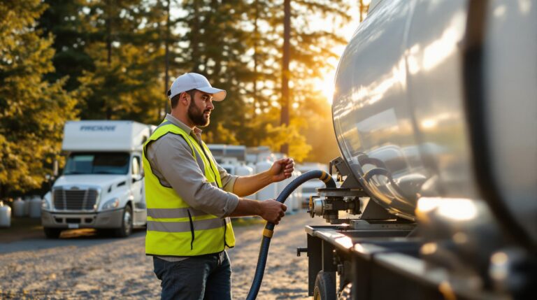 Propane delivery technician in a high-visibility vest connecting a hose to propane tanks beside RVs at a forested campground, with a white service truck and soft morning sunlight in the background.