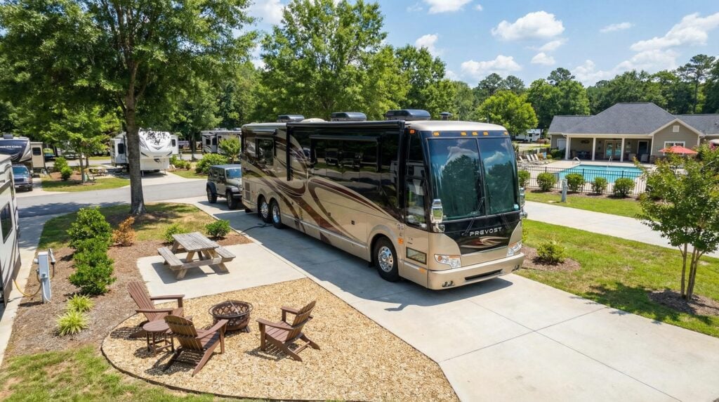 Luxury RV parked at resort with pool view.