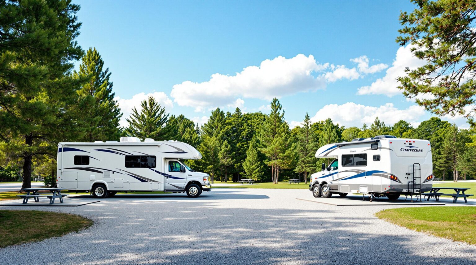 Two RVs parked in a generic wooded campground, one in a pull-through site and the other in a back-in site, with picnic tables and utility hookups on gravel pads under soft daylight.