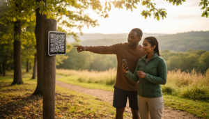 Two hikers scanning a QR code trail map at a wooden post on a forest path, with sunlight filtering through trees and a blurred natural background.