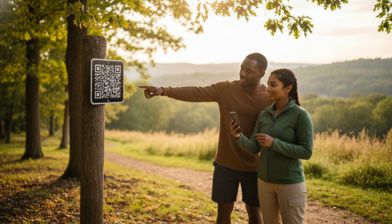 Two hikers scanning a QR code trail map at a wooden post on a forest path, with sunlight filtering through trees and a blurred natural background.