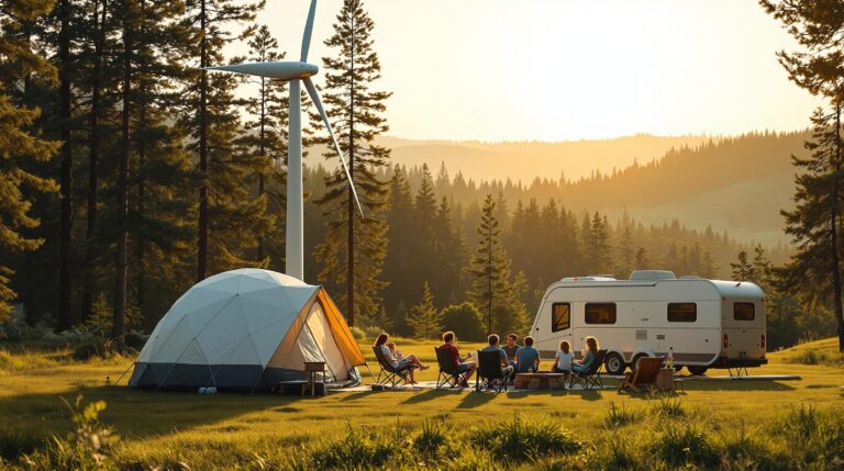 A modern quiet wind turbine stands beside a family camping in a generic, tree-lined campground at sunset, with tents, a camper van, and a peaceful, eco-friendly atmosphere.