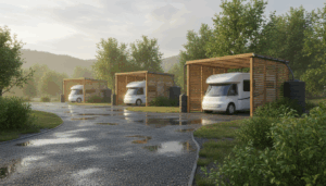 Rainwater harvesting pergolas sheltering RVs at a modern park, with gutters leading to water storage tanks, wet gravel pads, and leafy trees in the background after rainfall.