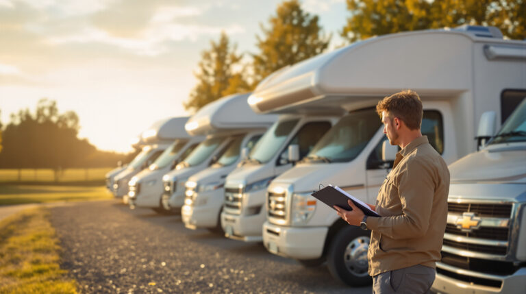 A row of white motorhome RVs parked on a gravel lot with a small business owner holding a clipboard and surveying the fleet, soft sunlight and trees blurred in the background.
