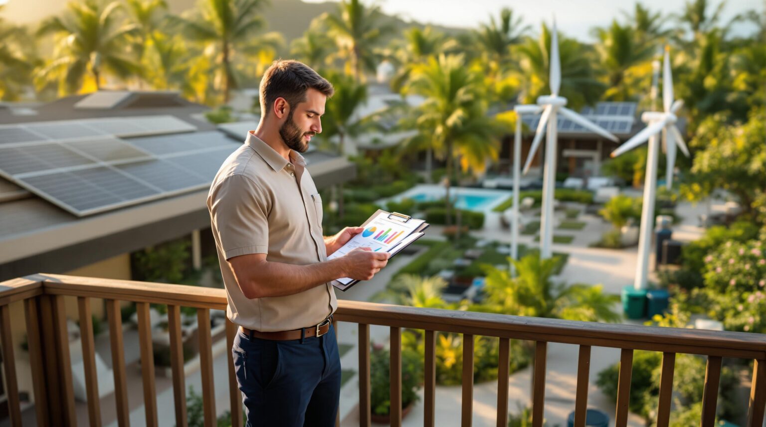 Resort sustainability manager reviewing eco-friendly metrics on a clipboard while standing on a wooden deck overlooking solar panels, a wind turbine, recycling bins, and lush landscaping in a generic resort courtyard under soft morning sunlight.