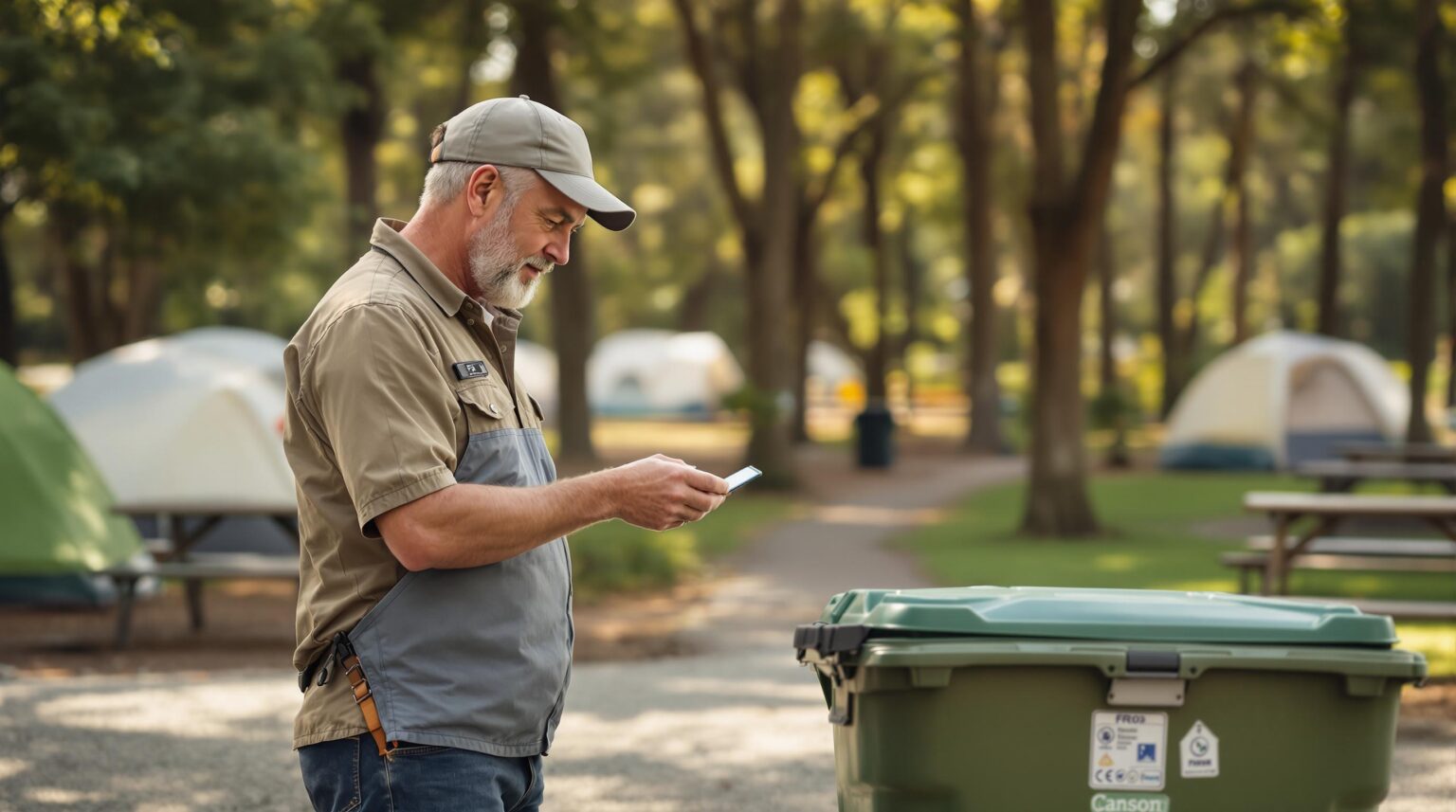 Campground owner scans RFID tag on green compost bin along a gravel path with tents and trees in the background on a sunny day