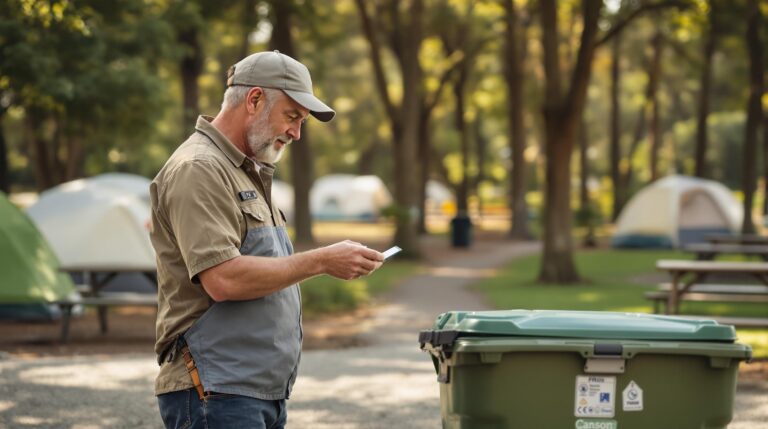 Campground owner scans RFID tag on green compost bin along a gravel path with tents and trees in the background on a sunny day