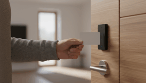 A person holds a white RFID keycard near a black electronic lock on a wooden cabin door, demonstrating secure and convenient access.