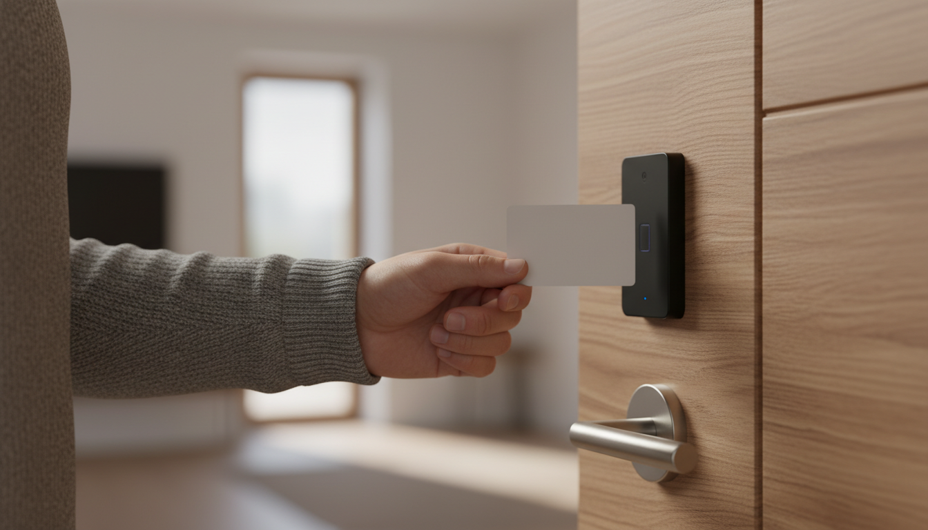 A person holds a white RFID keycard near a black electronic lock on a wooden cabin door, demonstrating secure and convenient access.