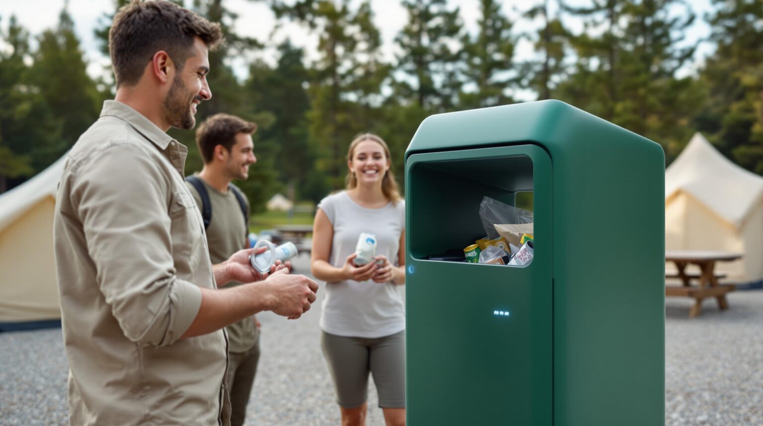 Campground host demonstrates RFID recycling bin to guests outdoors, with tents and trees in the background.