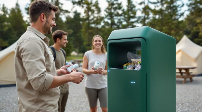 Campground host demonstrates RFID recycling bin to guests outdoors, with tents and trees in the background.