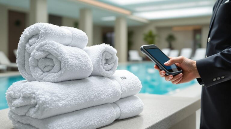 A pool attendant scans a stack of white towels with an RFID reader beside an indoor swimming pool, with blurred lounge chairs and turquoise water in the background.
