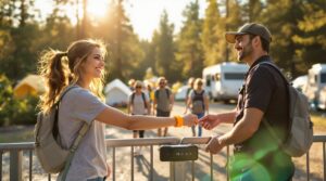 Woman uses RFID wristband at campground entrance gate while a park attendant assists and other campers walk by, with tents and pine trees in the blurred background.