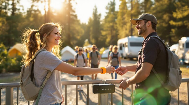 Woman uses RFID wristband at campground entrance gate while a park attendant assists and other campers walk by, with tents and pine trees in the blurred background.