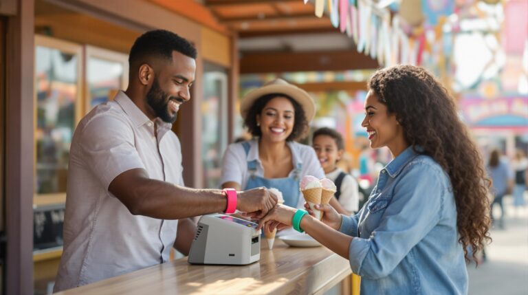 Family using RFID wristbands to pay for ice cream at a generic amusement park counter, with a blurred background and friendly vendor.