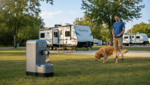 A compact robot dog waste station with an articulated arm deposits a sealed bag into a bin at a generic RV park, while a golden retriever on a leash and its owner watch nearby. Several unbranded RVs and picnic tables appear in the blurred background, under warm afternoon sunlight.