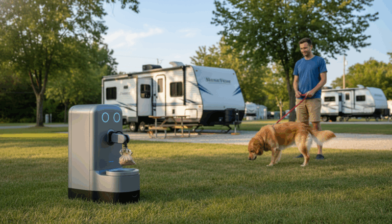 A compact robot dog waste station with an articulated arm deposits a sealed bag into a bin at a generic RV park, while a golden retriever on a leash and its owner watch nearby. Several unbranded RVs and picnic tables appear in the blurred background, under warm afternoon sunlight.