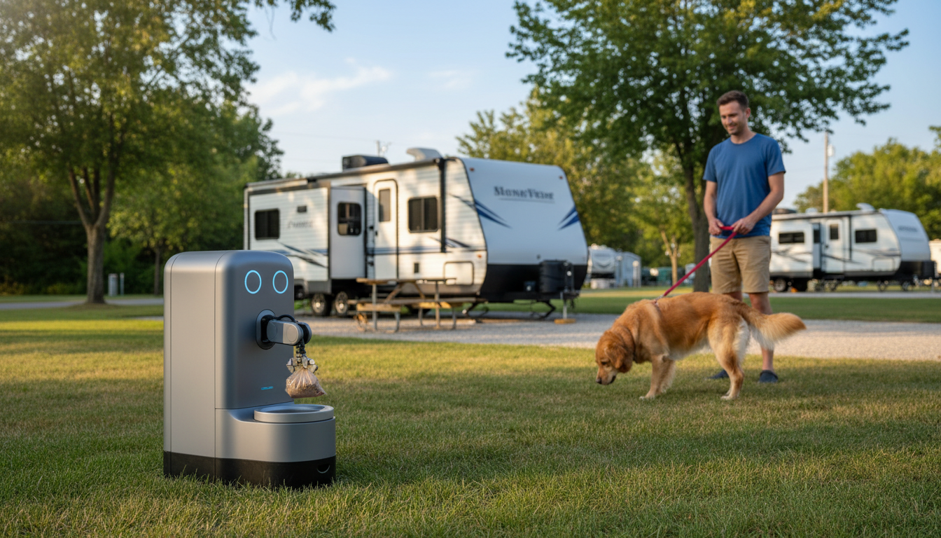 A compact robot dog waste station with an articulated arm deposits a sealed bag into a bin at a generic RV park, while a golden retriever on a leash and its owner watch nearby. Several unbranded RVs and picnic tables appear in the blurred background, under warm afternoon sunlight.