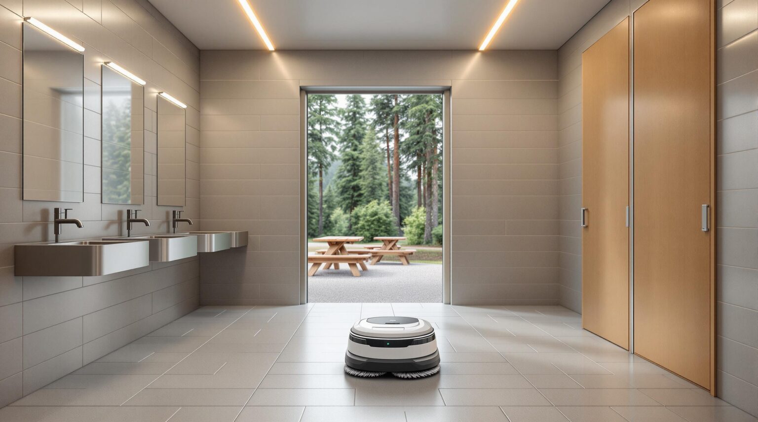 Autonomous cleaning robot mopping a modern campground restroom with gray tile walls, stainless steel sinks, wooden stall doors, and natural light streaming in, suggesting a clean, efficient environment.