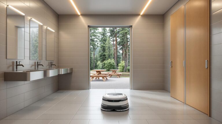 Autonomous cleaning robot mopping a modern campground restroom with gray tile walls, stainless steel sinks, wooden stall doors, and natural light streaming in, suggesting a clean, efficient environment.