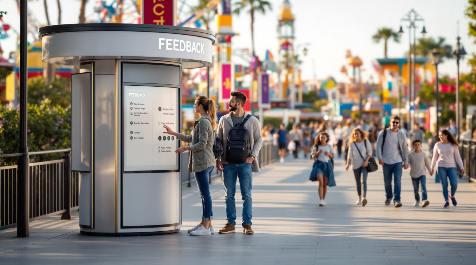 Two adults interacting with a modern rotating feedback booth on a busy amusement park walkway, with families and blurred rides in the background on a sunny day.