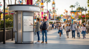 Two adults interacting with a modern rotating feedback booth on a busy amusement park walkway, with families and blurred rides in the background on a sunny day.