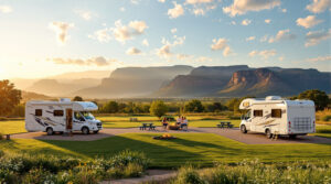 Modern RVs parked on gravel pads with picnic tables and a couple enjoying coffee at a campsite near generic scenic cliffs during golden hour.