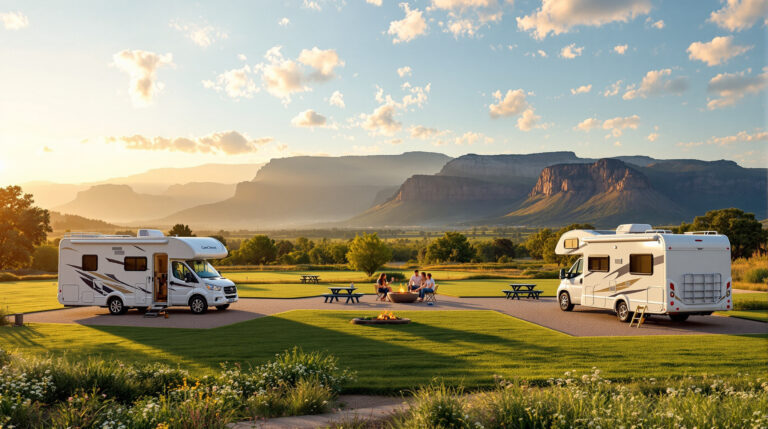 Modern RVs parked on gravel pads with picnic tables and a couple enjoying coffee at a campsite near generic scenic cliffs during golden hour.