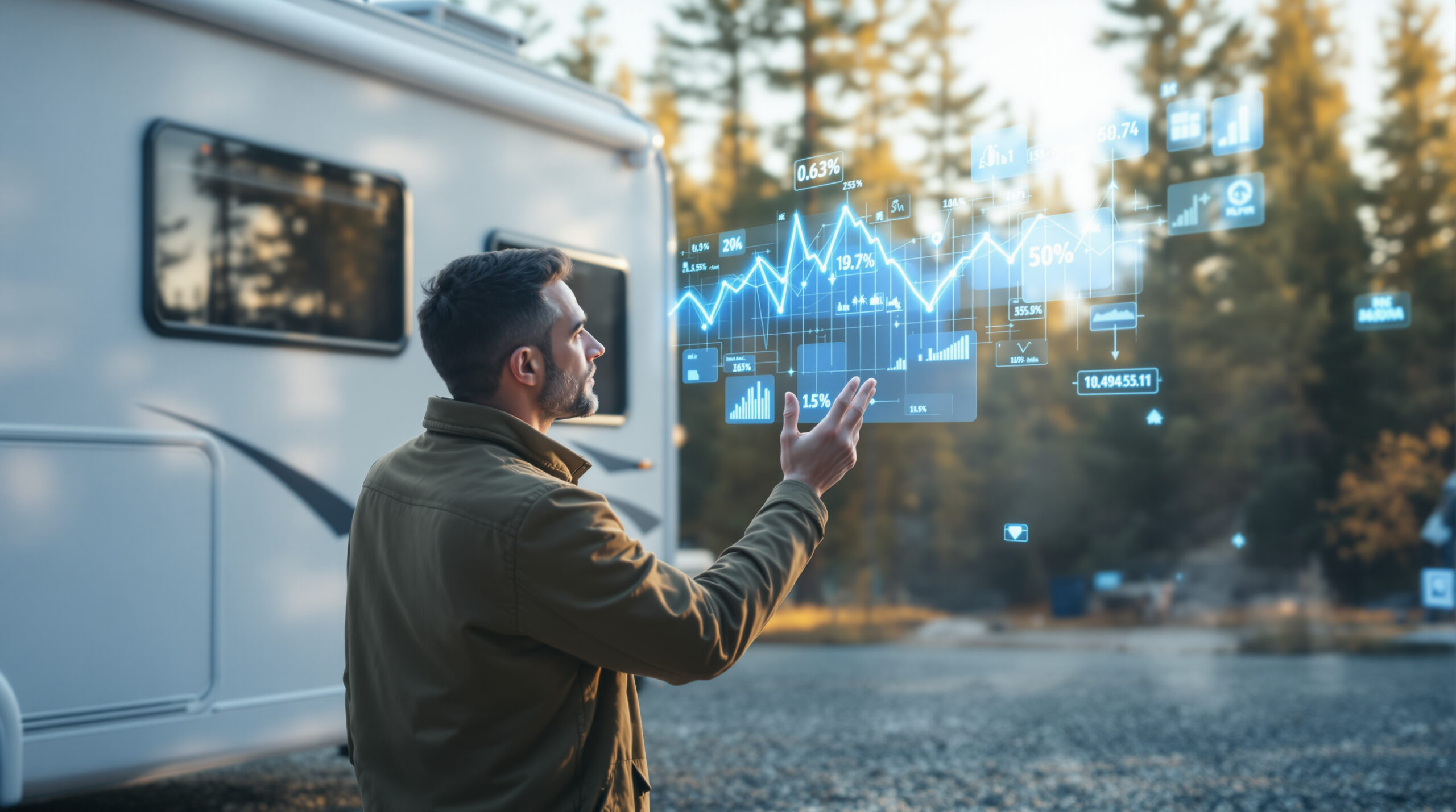 A mid-30s RV owner stands beside a white motorhome at a generic campsite, interacting with a glowing holographic graph, with mist and autumn trees in the softly blurred background.
