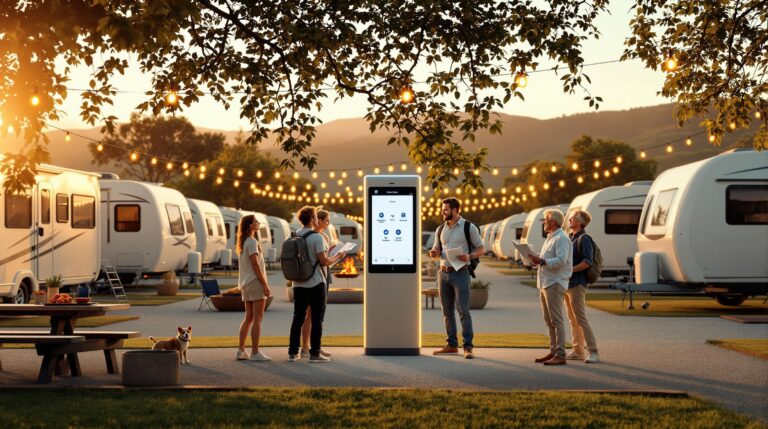 Campers gather around a digital concierge kiosk at a modern RV park during golden hour, with RVs, picnic tables, and distant trees in the background.