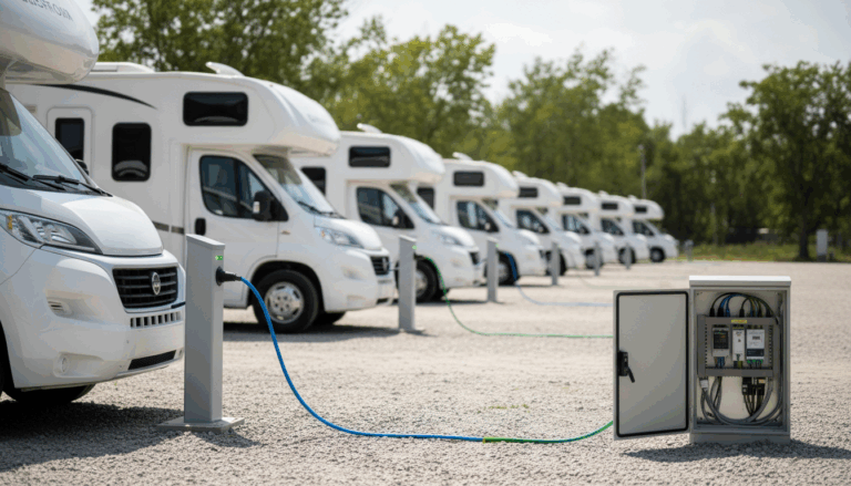 Row of modern RVs parked at a generic campground, each connected to smart power pedestals with glowing cables, and an open electrical cabinet showing advanced energy management components, set against a neutral background with soft, even lighting.