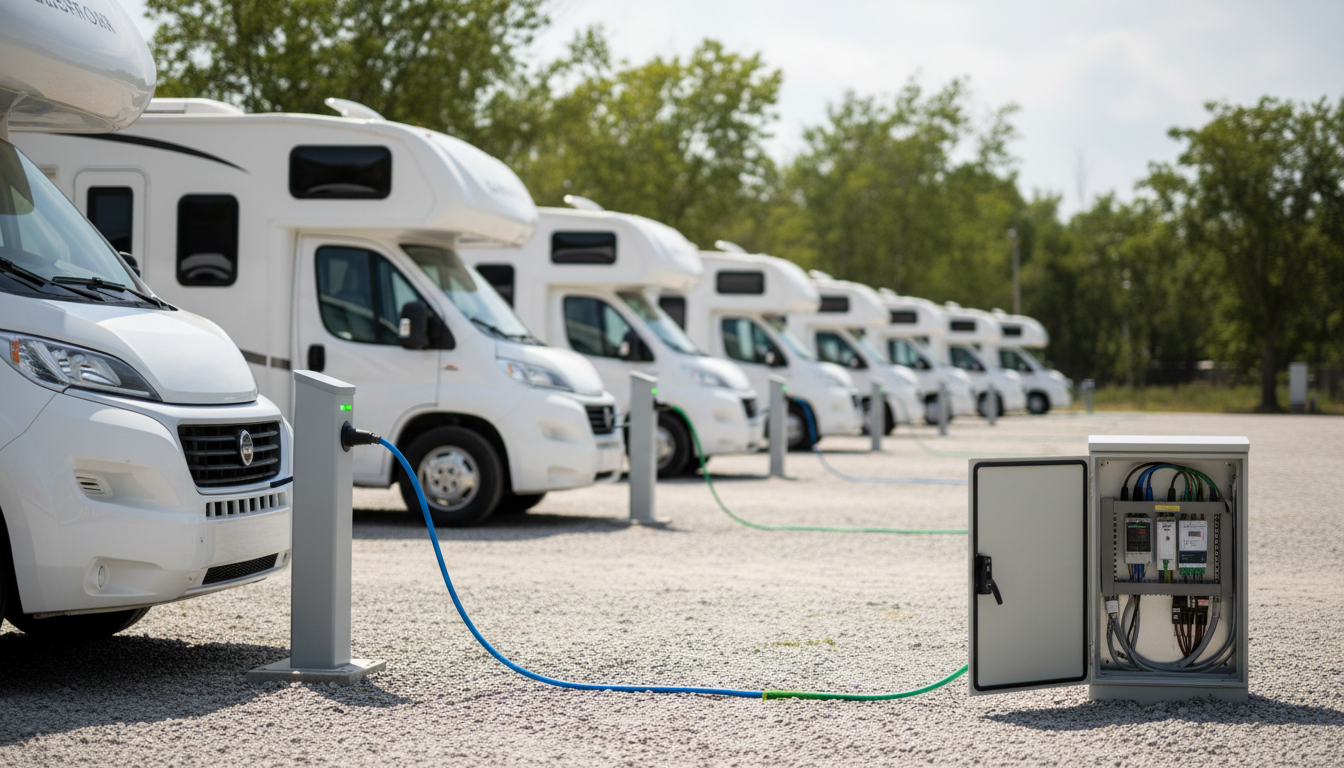 Row of modern RVs parked at a generic campground, each connected to smart power pedestals with glowing cables, and an open electrical cabinet showing advanced energy management components, set against a neutral background with soft, even lighting.