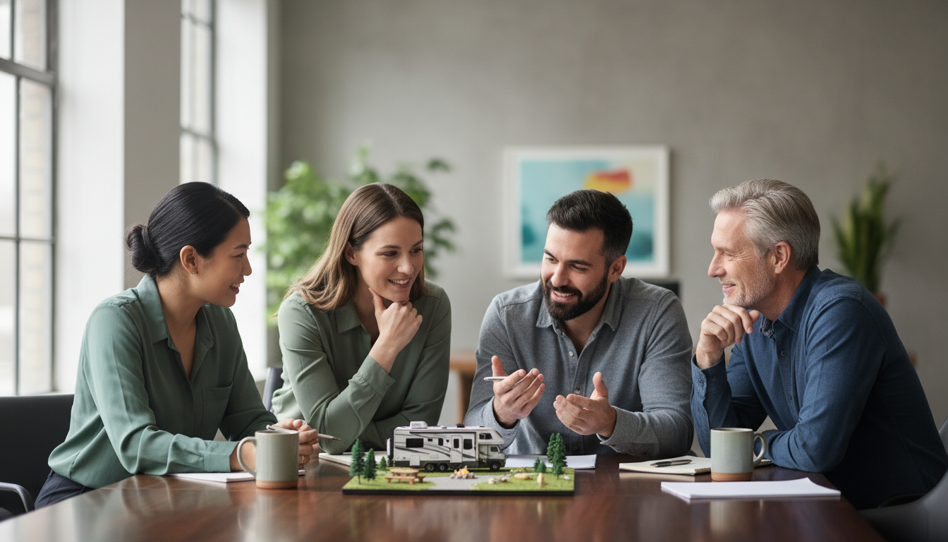 Four diverse professionals discuss around a table with an RV model and campground layout in a modern office, collaborating on business ideas.