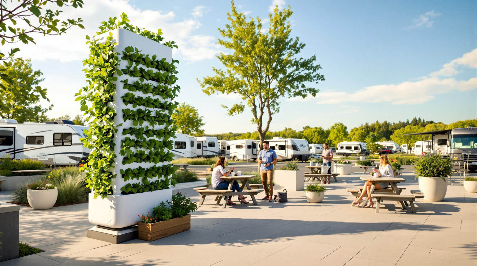 Modern RV park commons with a vertical hydroponic garden, two travelers chatting at a picnic table, and RVs in the background on a sunny day
