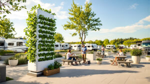 Modern RV park commons with a vertical hydroponic garden, two travelers chatting at a picnic table, and RVs in the background on a sunny day
