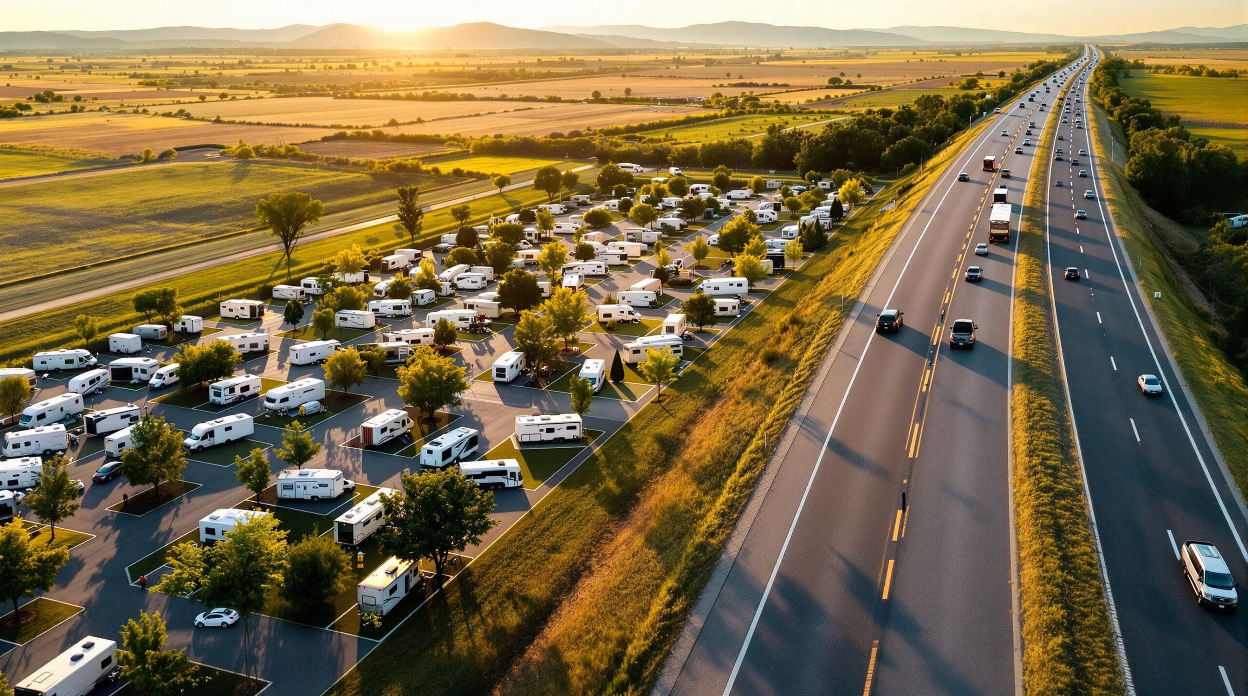 Aerial view of a modern RV park next to a busy interstate highway, with rows of recreational vehicles on paved lots, surrounded by green grass and small trees in a rural setting under warm sunlight.